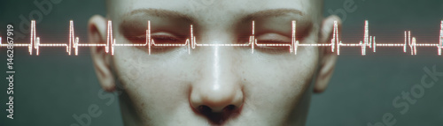Realistic image of humanlike AI with closed eyes, displaying heartbeat line across forehead, evoking sense of life