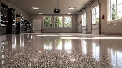 Spacious, modern garage with polished epoxy floor