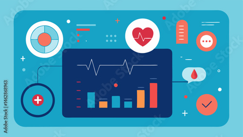 Health Metrics Monitoring An illustration of a digital dashboard displaying various health metrics such as heart rate pressure and body temperature emphasizing health tracking.