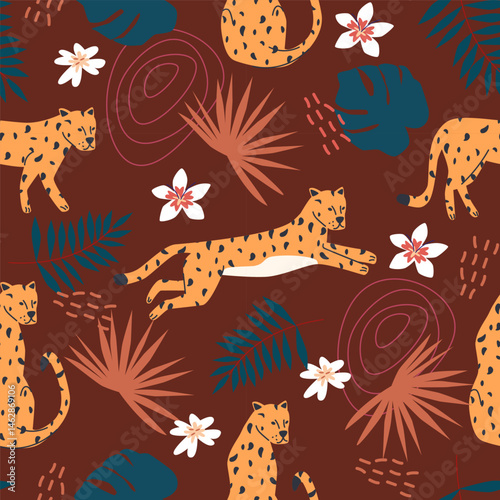 Seamless pattern with leopards and tropical leaves. Predatory cats the jungle with exotic plants and flowers. Cheetah animal in lush rain forest ornament. Jaguar carnivore mammal. Vector illustration.