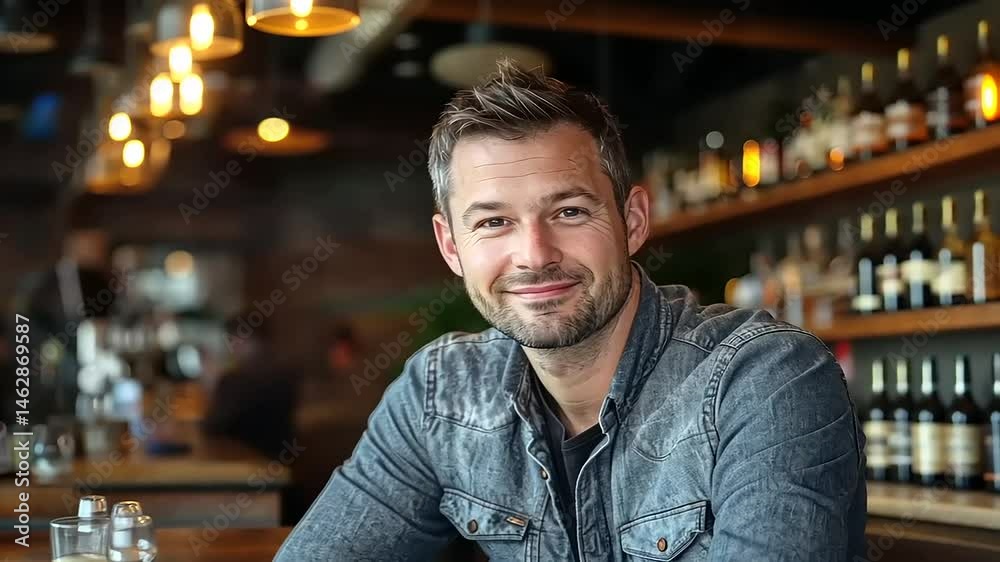 Man enjoys drink at modern bar with warm inviting atmosphere and friendly smile Man enjoys drink at modern bar with warm inviting atmosphere and friendly smile