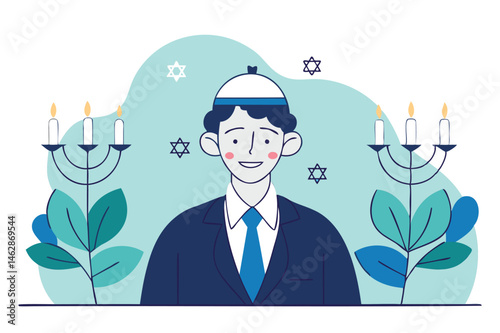 Cheerful jewish man with kippah, smiling warmly in traditional attire illustration