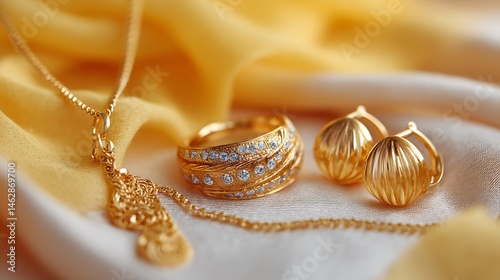 Gold jewelry shines on soft, flowing fabric