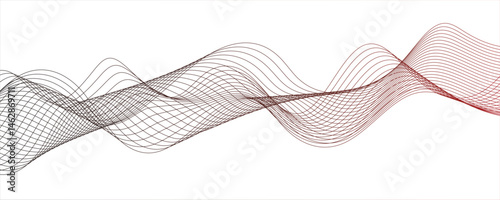 Minimalist abstract wave design consisting of smooth, flowing black and maroon lines on a white background.Modern digital and geometric technology themes & data visualizations, scientific concept.