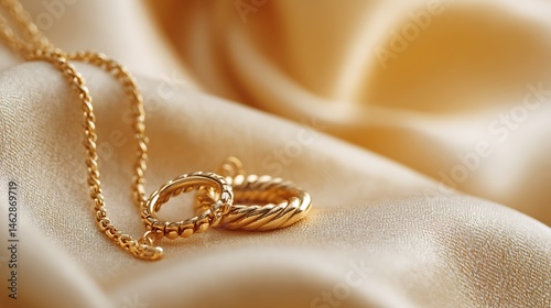 Gold necklace and rings on silky fabric