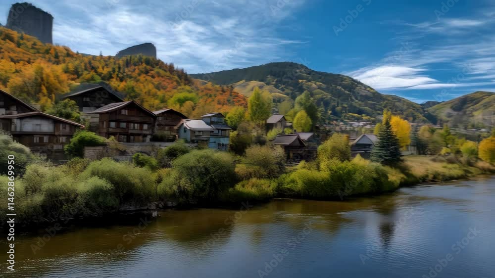 Scenic river flows through valley with autumn foliage trees and mountains under a bright blue sky, surrounded by idyllic houses. Scenic river flows through valley with autumn foliage trees and mountains under a bright blue sky, surrounded by idyllic houses.