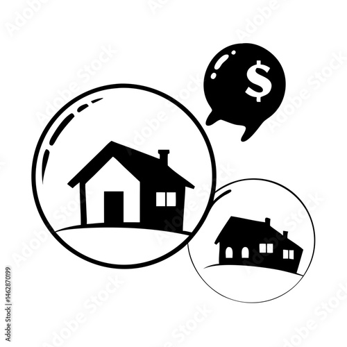 House in a bubble with dollar sign suggests a real estate market