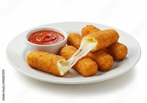 Golden fried mozzarella sticks with melted cheese pull effect, served with marinara sauce, white plate isolated on white
