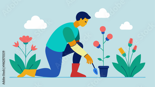 Gardening in the Sun A scene of an individual tending to a garden using a prosthetic limb to plant flowers or vegetables surrounded by blooming plants reflecting growth and