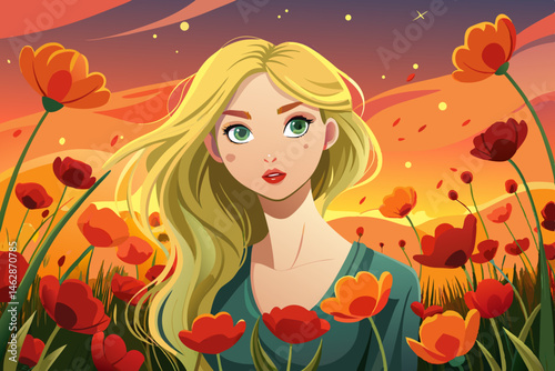 vector of Beautiful young girl with blond hair among red poppies at sunset