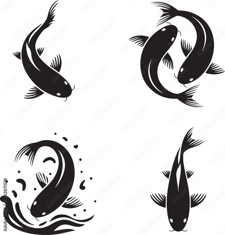 Fototapeta premium Koi fish silhouette set vector illustration isolated On Transparent Background