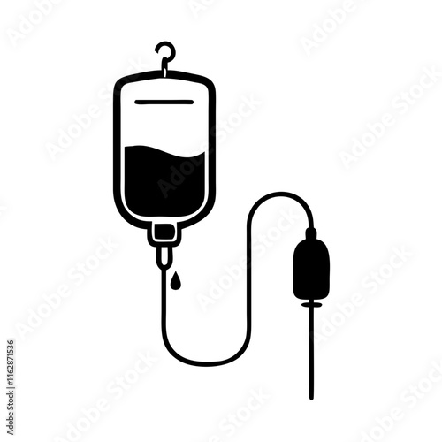 IV drip bag with tube and clamp in a medical illustration