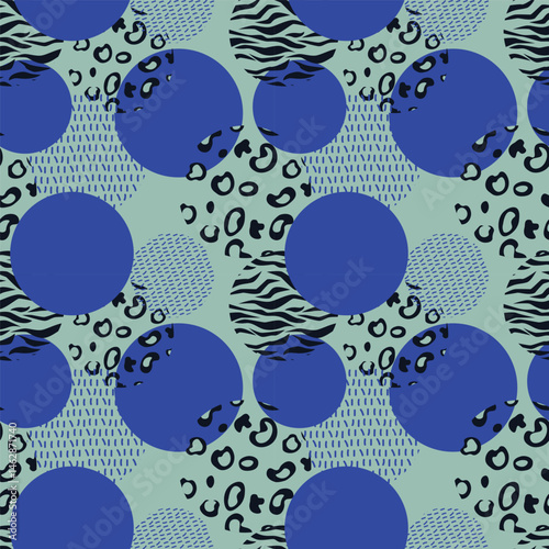 Abstract modern seamless pattern with leopard and zebra circles. Trendy ornament with animal skin and brush stroke. Geometric background with animalistic print. Hand drawn texture. Vector illustration
