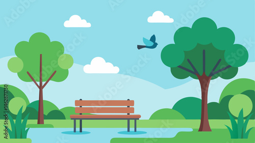 Public Park Tranquil Zone A peaceful corner in a park depicting a tranquil bench under a tree with birds perched nearby and a gentle stream visible in the background.