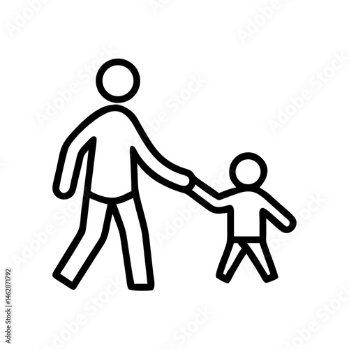 Parent and child walking hand in hand in a simple outline style  