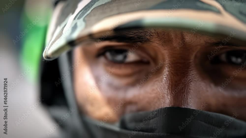 Close-up on the intense gaze of a soldier with determined eyes wearing a camouflage cap, representing strength and dedication in a challenging environment Close-up on the intense gaze of a soldier with determined eyes wearing a camouflage cap, representing strength and dedication in a challenging environment
