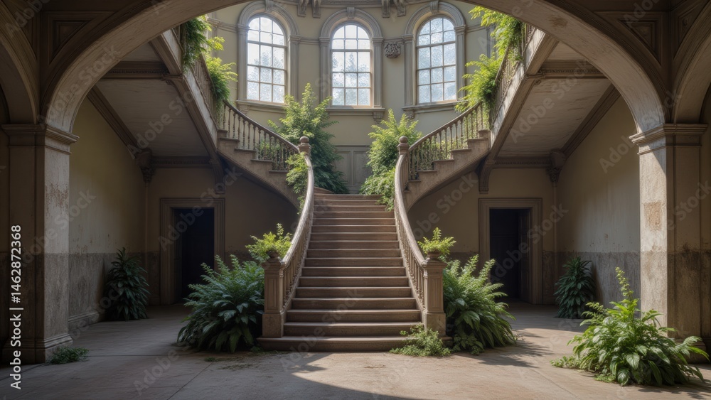 Fototapeta premium Grand Staircase with Overgrown Plants in Historic Building, Abandoned Architecture