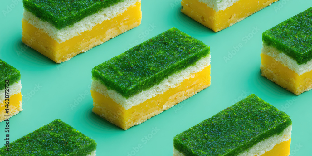 Rectangular pastries with green, yellow, and white layers are neatly arranged in rows. Concept: colorful dessert pattern, geometric arrangement Rectangular pastries with green, yellow, and white layers are neatly arranged in rows. Concept: colorful dessert pattern, geometric arrangement
