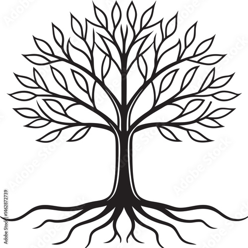 black and white silhouette of a tree with exposed roots on white