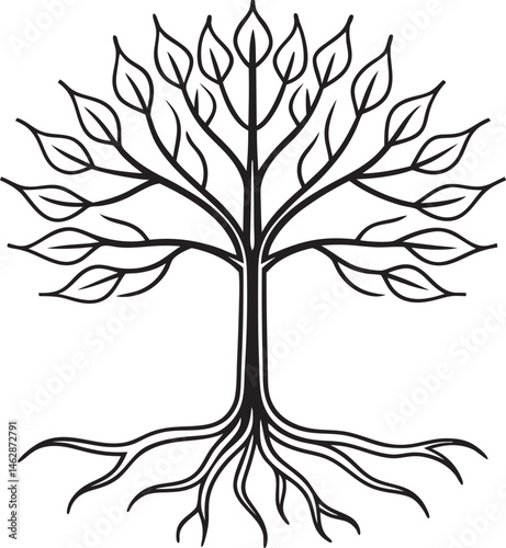 black and white silhouette of a tree with exposed roots on white