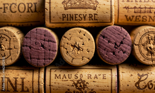 Macro Shot of Wine Corks with Winery Branding

