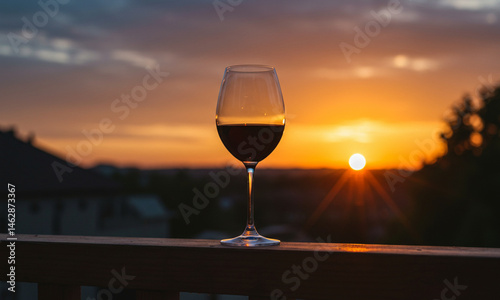 Sunset Reflection in Wine Glass on Terrace

