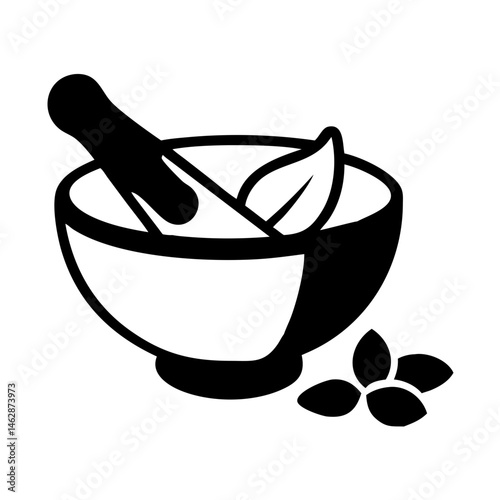 Mortar and Pestle with Herb Leaves, Symbolizing Natural Medicine and Wellness