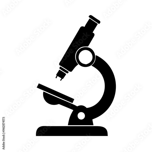Black silhouette of a microscope with an objective lens and stage