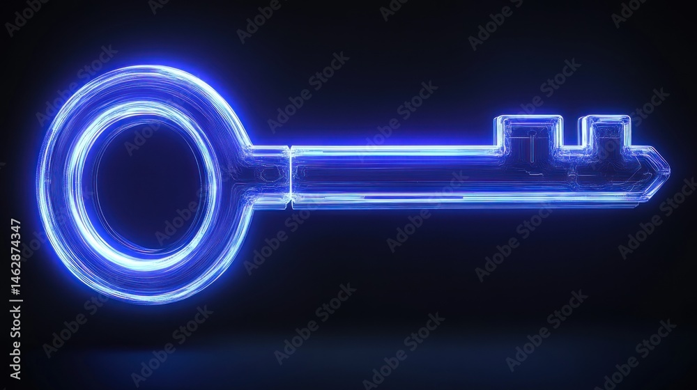 Glowing blue key, dark background, access Glowing blue key, dark background, access
