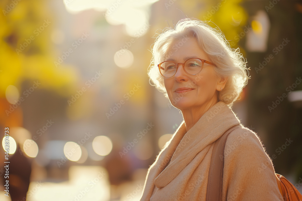 Confident elderly woman with gray hair smiling outdoors in golden sunlight, wearing glasses and coat, perfect for aging well visuals, lifestyle ads, and senior care promotions