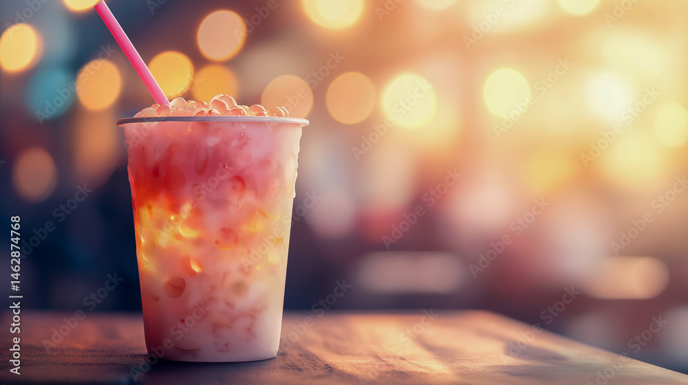 Bubble tea cup with pink tapioca pearls and straw on wooden table with blurred lights, perfect for beverage promotions, summer drinks, and cafe marketing