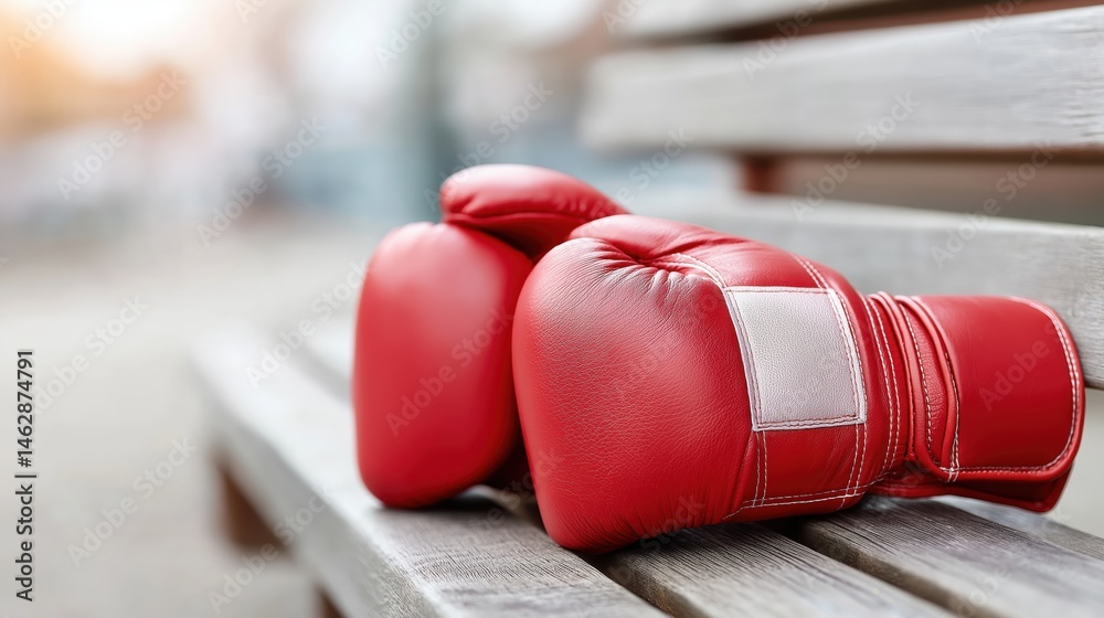 Close-up of red boxing gloves resting on wooden bench in soft daylight, perfect for sports equipment visuals, fitness promotions, and athletic training ads