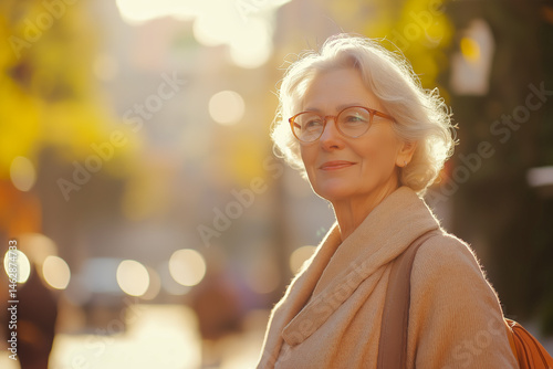 Obraz na płótnie Confident elderly woman with gray hair smiling outdoors in golden sunlight, wearing glasses and coat, perfect for aging well visuals, lifestyle ads, and senior care promotions w salonie
