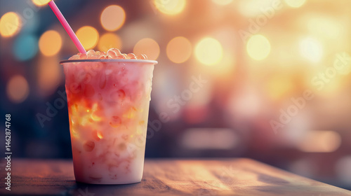 Obraz na płótnie Bubble tea cup with pink tapioca pearls and straw on wooden table with blurred lights, perfect for beverage promotions, summer drinks, and cafe marketing w salonie