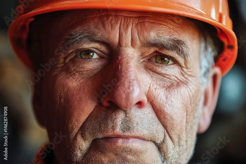 Close-up portrait of elderly male builder in orange helmet with focused expression, perfect for construction visuals, labor ads, and senior workforce themes