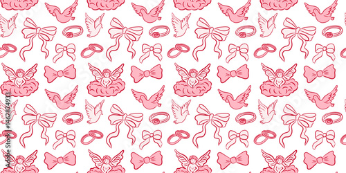 A whimsical pink pattern that features cute bows and lovely angels, perfect for decoration