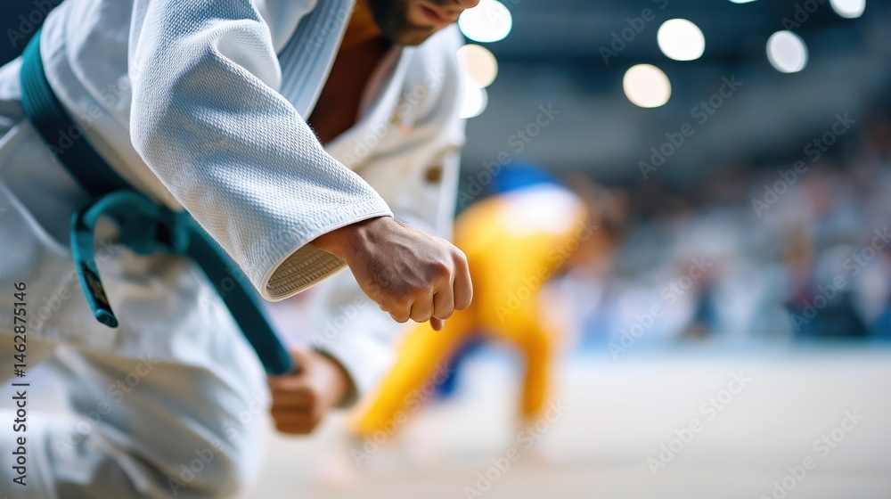 Male judo athlete in white gi captured mid-motion during intense tournament, perfect for sports marketing, martial arts promotions, and athletic event campaigns