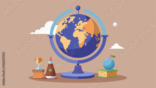 A vintage globe on a metal stand surrounded by small figurines and trinkets.