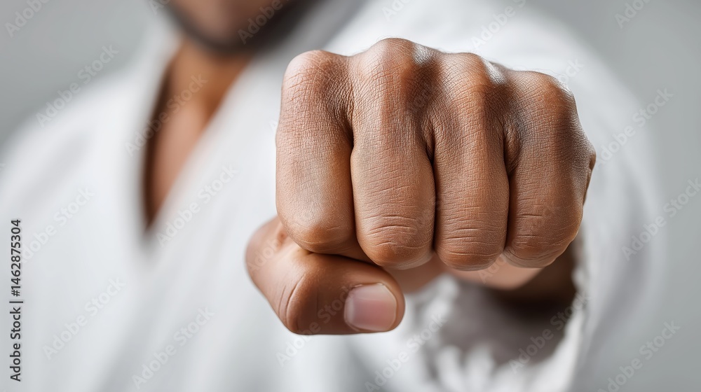 Close-up of martial artist’s clenched fist in white gi against soft background, perfect for self-defense promotions, martial arts schools, and strength-themed visuals
