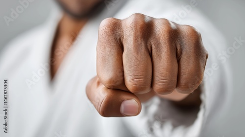 Obraz na płótnie Close-up of martial artist’s clenched fist in white gi against soft background, perfect for self-defense promotions, martial arts schools, and strength-themed visuals w salonie