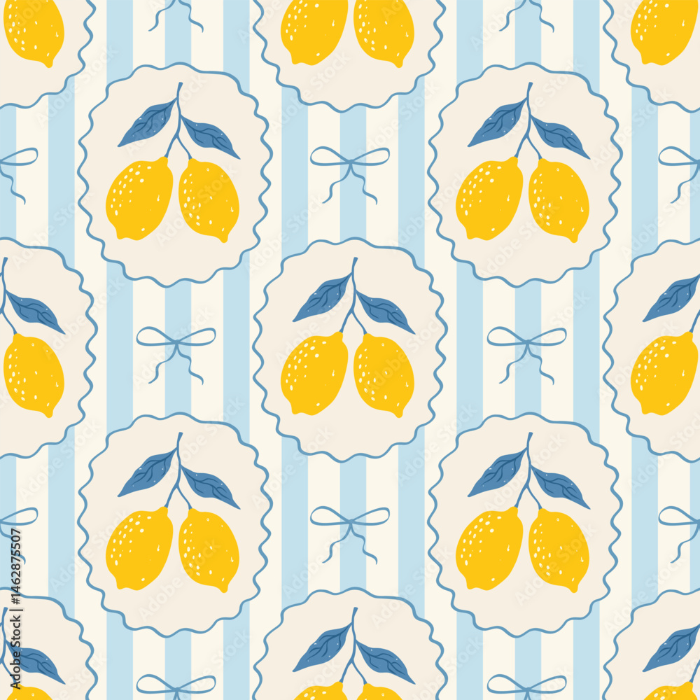 Vintage seamless pattern with lemons in whimsical frames, bows and stripe. Summer mediterranean coastal print. Italian vacation vibe. Vector hand drawn illustration for fabric, wrapping paper.