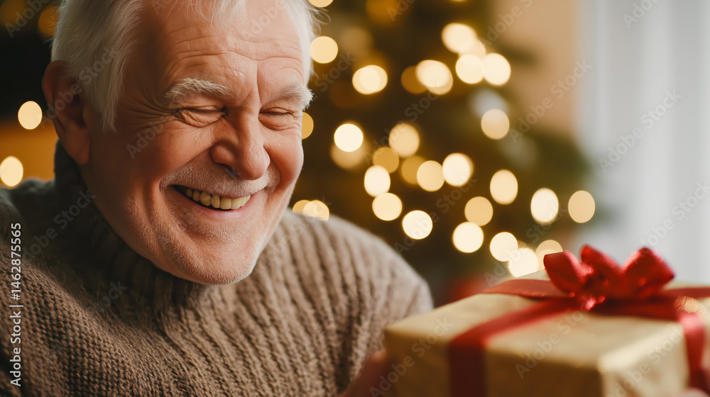 Elderly man smiling joyfully while opening a Christmas gift near holiday lights, perfect for holiday marketing, family celebration visuals, and seasonal greeting materials