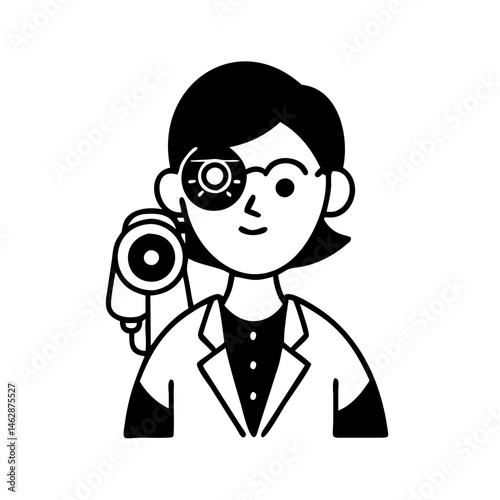 Cartoon eye doctor optometrist with ophthalmoscope testing the eyes of patient