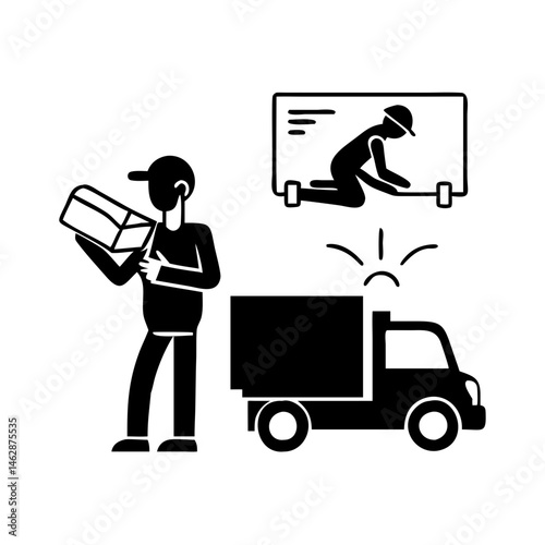 Delivery person delivering a package with a moving truck and furniture assembly