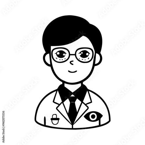 Stylized optometrist with thick glasses, eye emblem and professional attire vector icon