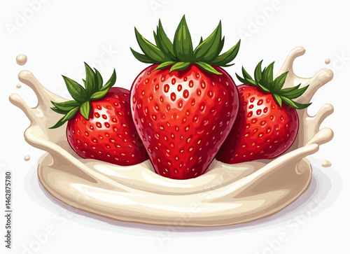 Vector design for food packaging 
with strawberry berries and
splashes of milk yogurt isolated 
on white background. Fashionable print for paper, 
fruit juice, ice cream packaging. 