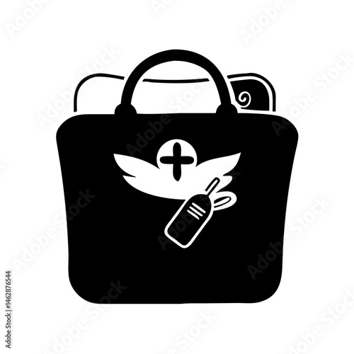 A black and white silhouette of a first aid medical kit bag