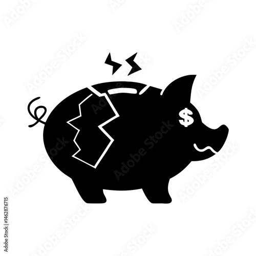 Cracked piggy bank with dollar sign and lightning strikes indicating financial crisis