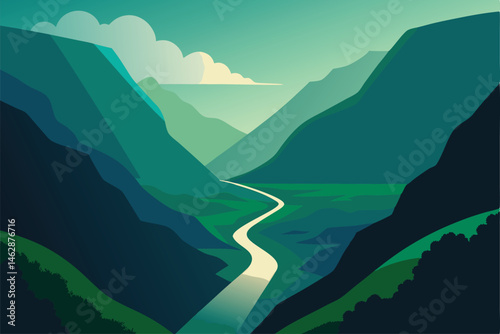 a lush green valley with steep cliffs on either 
