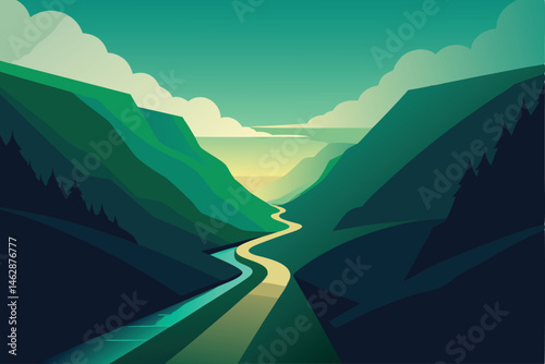 a lush green valley with steep cliffs on either 